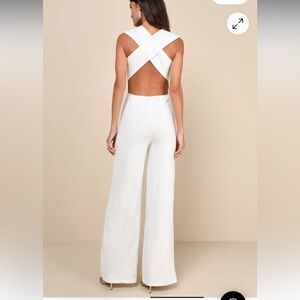 Lulu's Elegant White V-Neck Criss Cross Back Jumpsuit